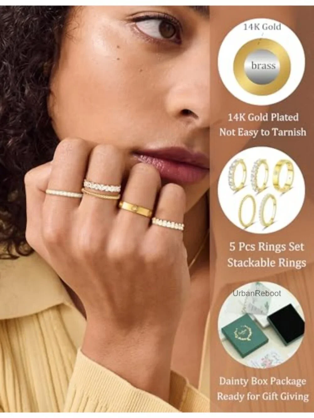 14K Gold Plated Stackable Rings Set Non Tarnish Layering Dainty